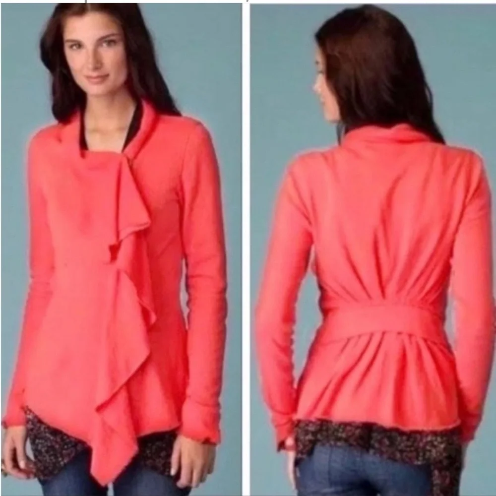 Free People  Ebb & Flow Coral Pink Red Asymmetrical Zip Ruffle Sweater Jacket
